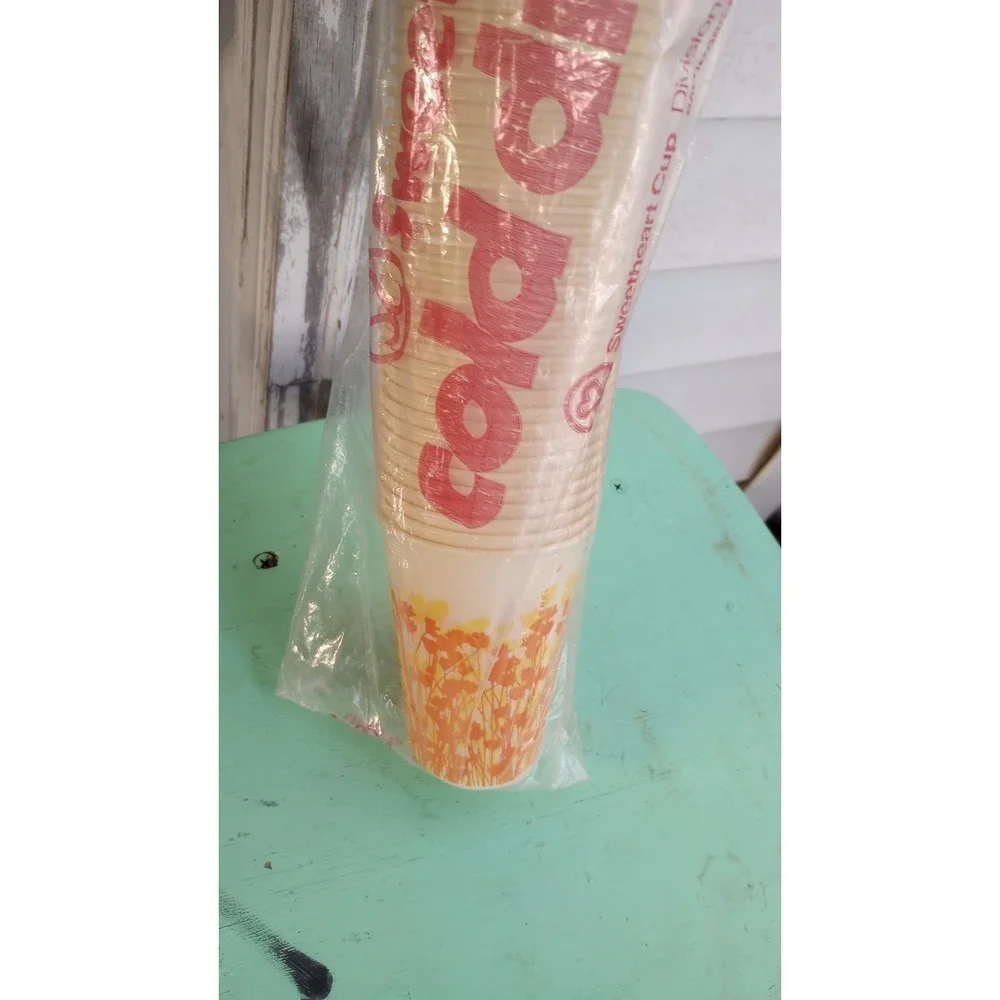 Vtg‎ Rare Sleeve Sweetheart Floral Yellow Orange Flower Wax Paper Cups 100 7 oz.